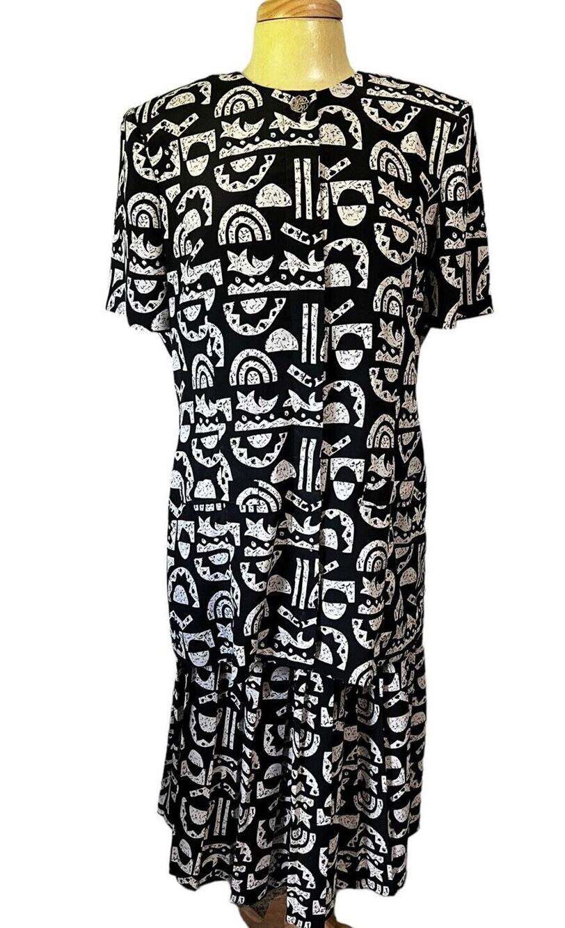 Leslie Fay 2pc Set Women's 8 Black Cream Artisan Boho 90s Y2K Top Skirt